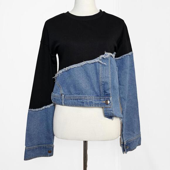 Madonna & Co Black and Asymmetrical Denim Patchwork Crew Neck Shirt - Picture 1 of 5